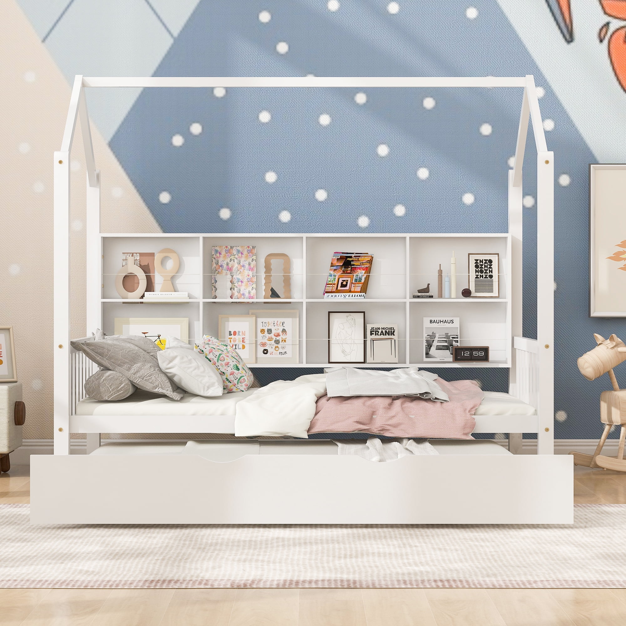 Aukfa House Bed with Trundle, Twin Platform Bed with Storage Shelves and Roof - White