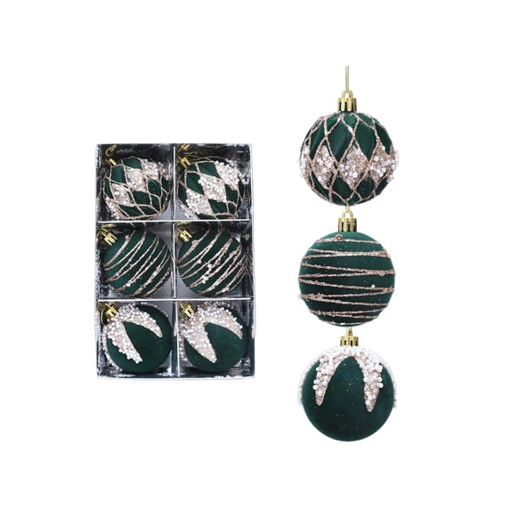 Christmas Tree Ornaments Set 6 Piece Flocked Velvet Holiday Hanging Ball Decorations Green 2.36 Inch
