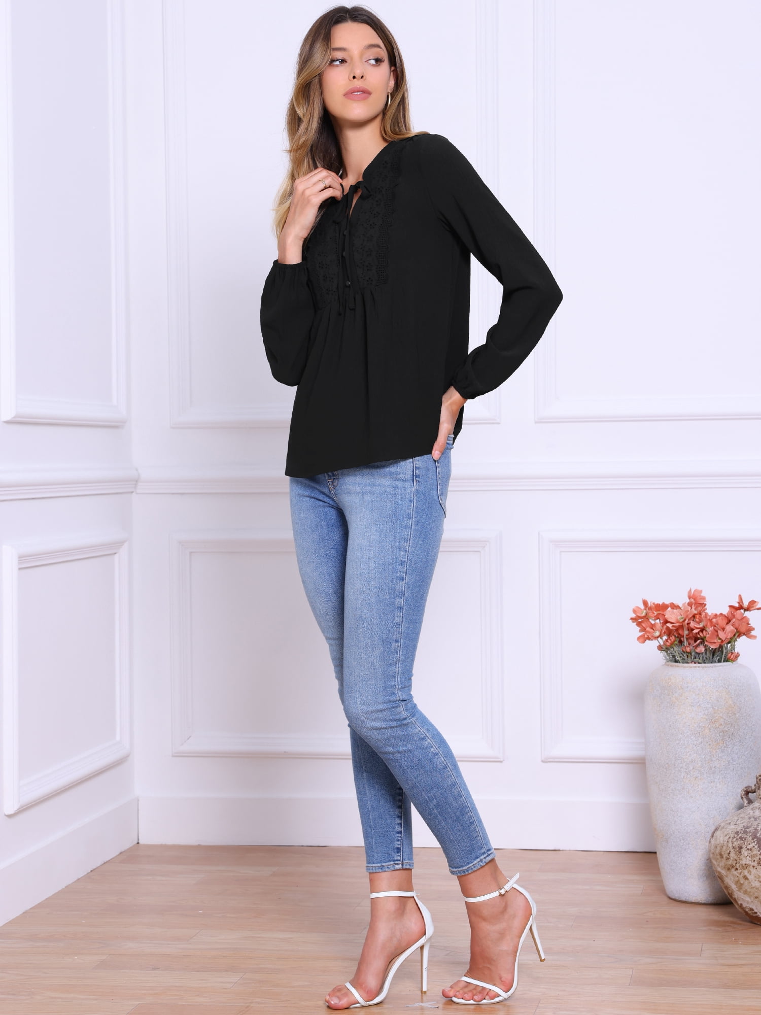 DARING DIVA Women's Tie Front Casual V Neck Blouses S Black