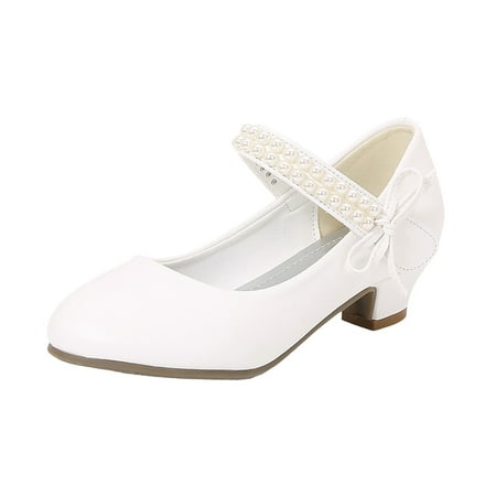 Linfrsh Dress Shoes for Girls Flats Non Slip for Toddler First Walkers Soft Sole PU Leather Crib Shoes Sneaker Wedding Party Christmas Princess Dance Shoes White 9-9.5 Years