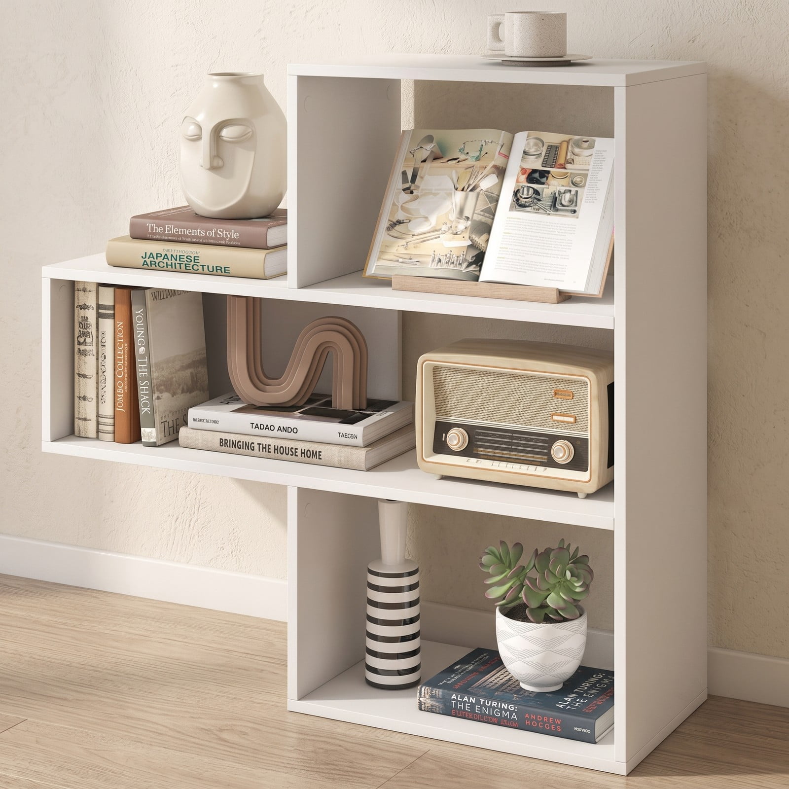 Furnibear Convex Bookshelf, Geometric Bookcase with 3 Open Shelves and Anti-Toppling Device, Freestanding Engineered Wood Display Storage Rack for Living Room, White