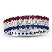 SL COLLECTION 14K White Gold Set of 3 Diamond Ruby Sapphire Eternity Band Ring