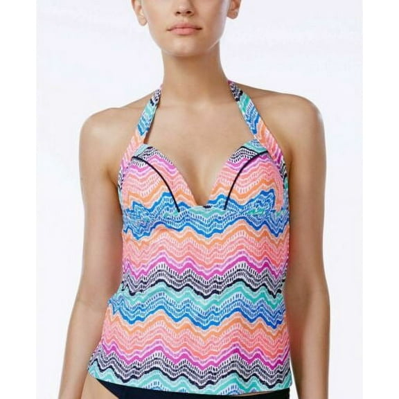 Island Escape MULTI La Cinque Terre Glam Printed Halter Tankini Swim Top, US 10
