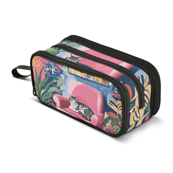 FORMRS Pencil Case with 3 Compartments Zipper Pouch, Elementary School Level and up, Art Cat