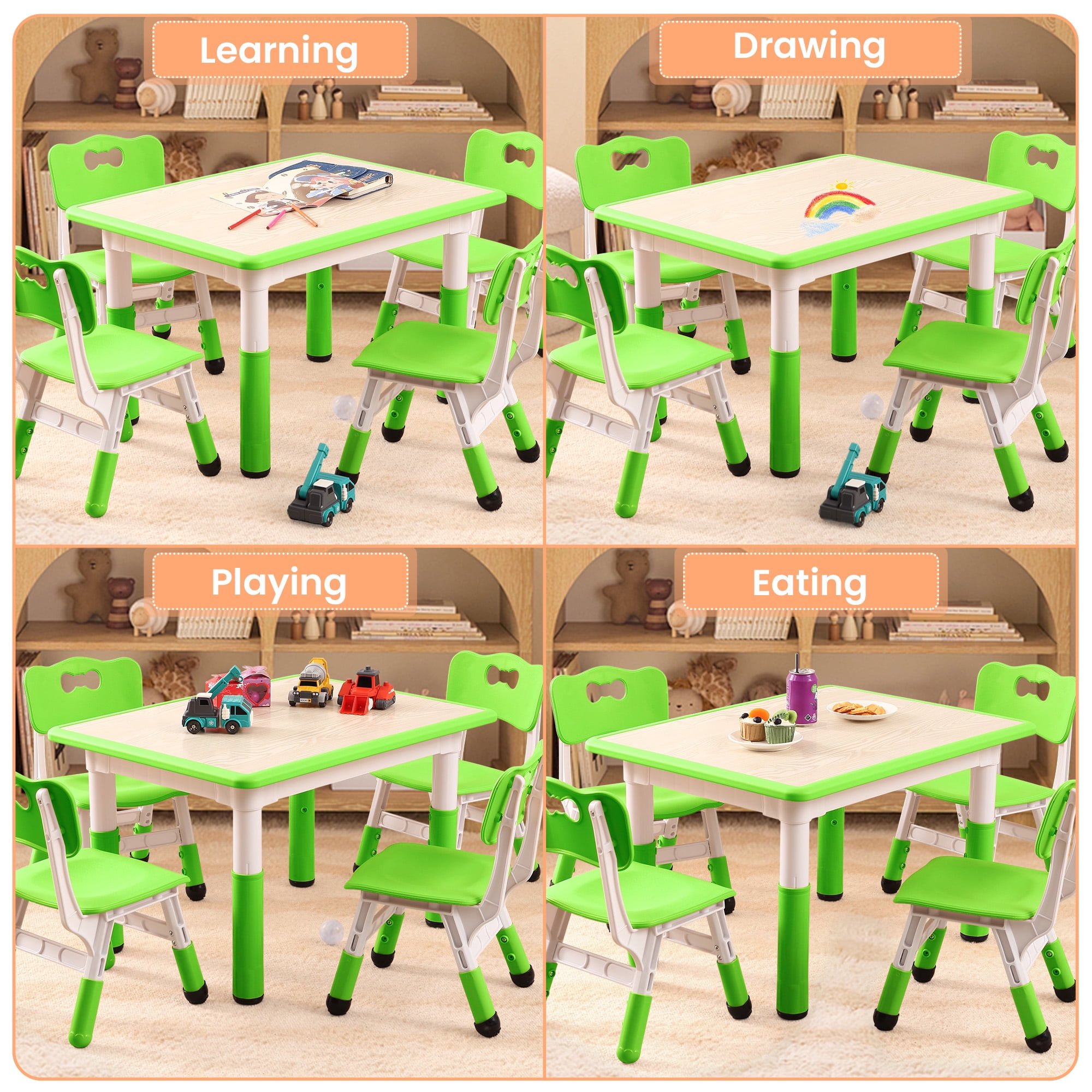 Kids Table and 4 Chair Set,Height Adjustable Toddler Arts & Crafts Table and Chair Set for Ages 2-10,Max 300lbs Kids Activity Art Table for Classroom Daycares,Home
