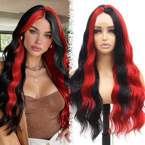 Long Red And Black Wavy Wig for Women 26 Inch Middle Part Curly Wavy Wig Natural Looking Synthetic Heat Resistant Fiber for Daily Use