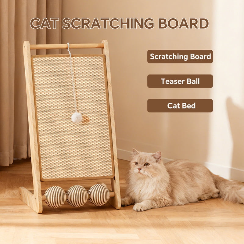 Qifang L-Shape Cat Scratcher, Sisal Scratch Pad with Hanging Ball, Reversible Cat Bed, Inclined Climbing Frame, Stable Triangular Base for Indoor Cats