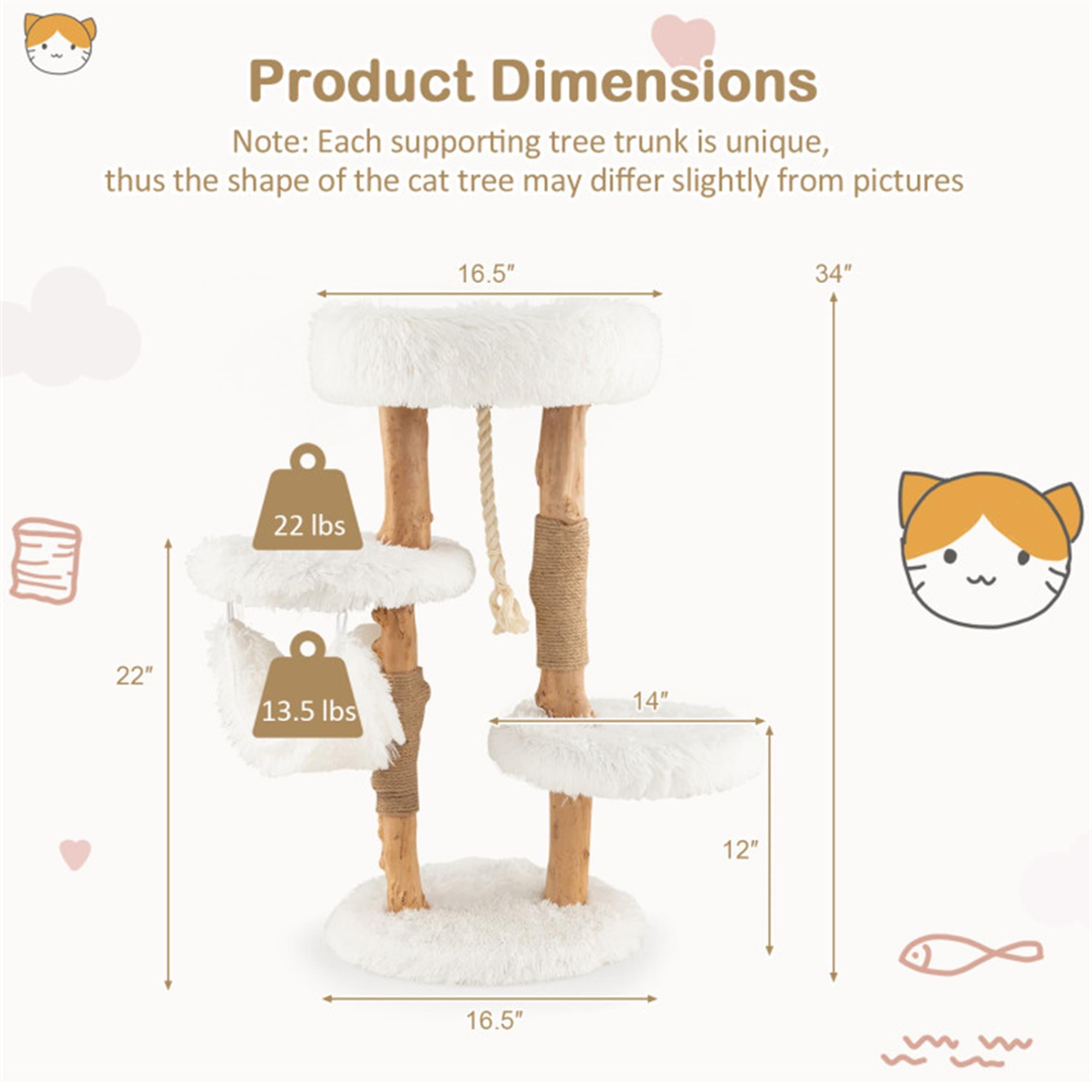 Kadyn 34" Solid Wood Cat Tree Tower for Indoor, Modern Cat Condo with Scratching Post, Cat Climbing Tree House Furniture, White