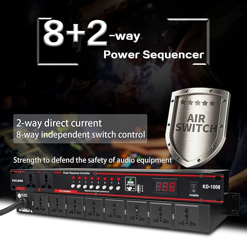 FULODE 2000W 10 Socket Sequential Rack Professional Audio Power Conditioning ，Digital Voltmeter, USB, Surge Protector for Home Theater Stage/Studio (FL-1000).