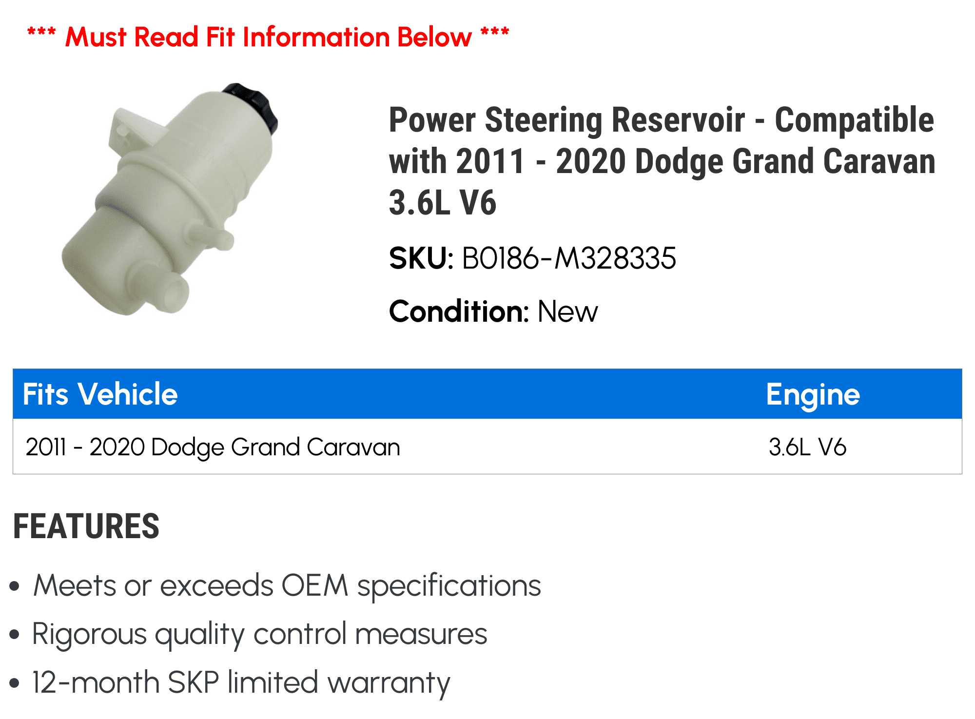 Power Steering Reservoir - Compatible with 2011 - 2020 Dodge Grand Caravan 3.6L V6 2012 2013 2014 2015 2016 2017 2018 2019