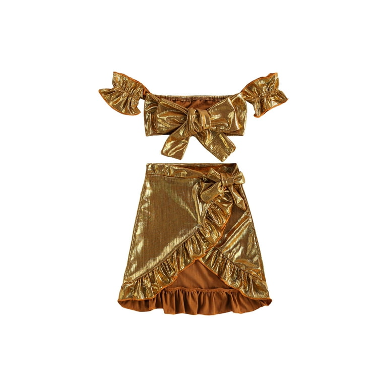 LSFYSZD Kid s Gold Silk Skirt Set Sleeveless Crop Tops with Bowknot Ruffle Skirt for Summer Formal Party Ball Walmart