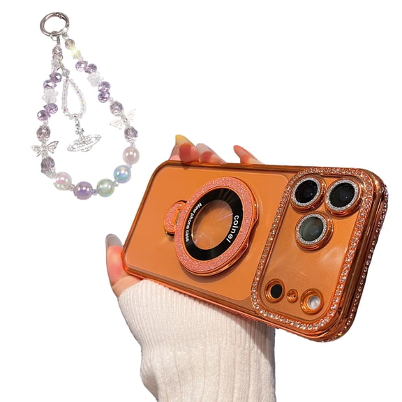 Allytechgroup Glitter Bling Case for Apple iPhone 17 Pro Max with Butterfly Lanyard, Diamond Rotating Ring Kickstand Shockproof Anti-Scratch Phone Cover Case for iPhone 17 Pro Max Women, Orange