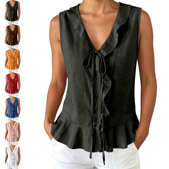 Fgnfyis Womens Tank Tops Sleeveless Ruffle Vest Casual Polished Summer Daily Summer Tank Tops for Women Black S