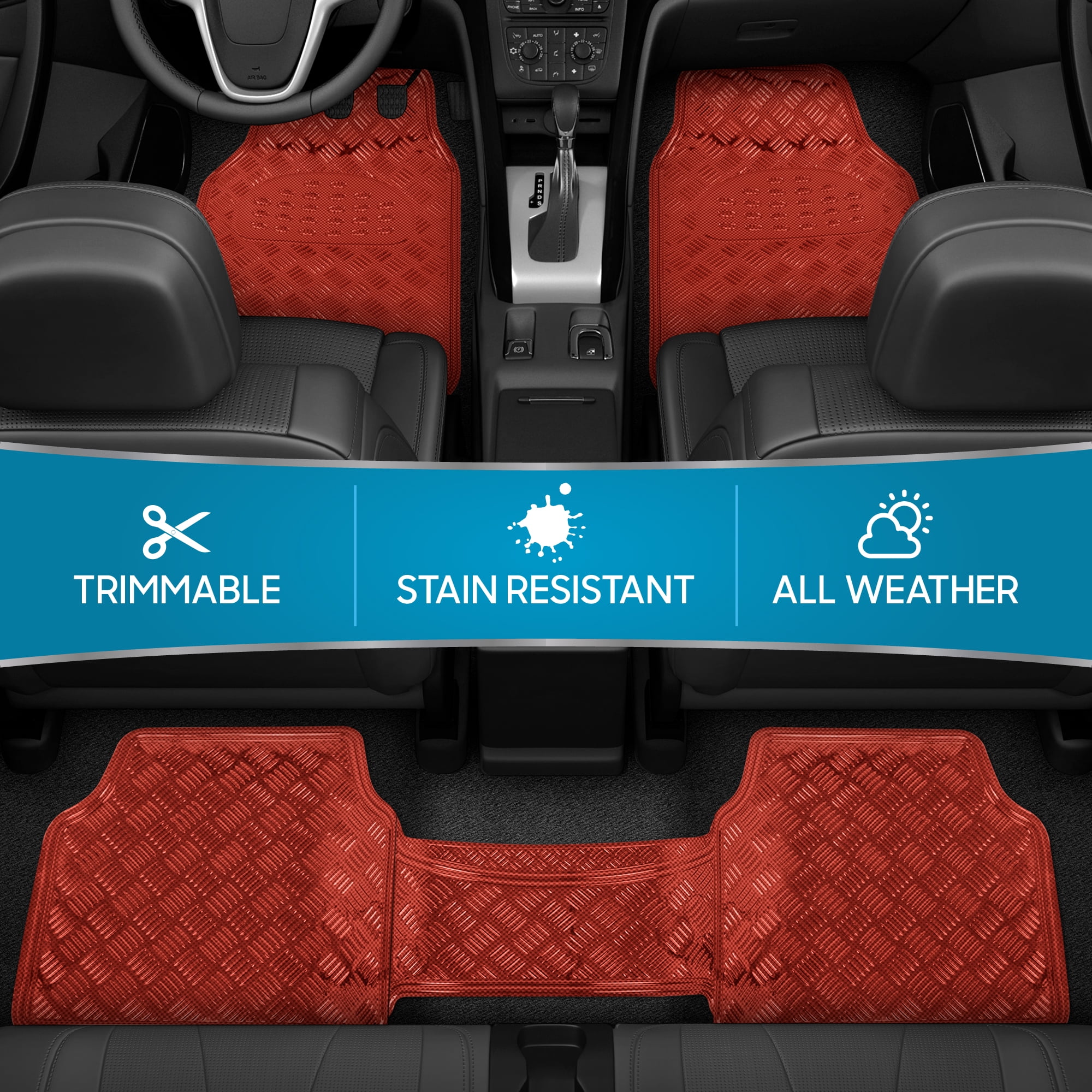 BDK 3-Piece All-Weather Universal Fit Front & Rear Floor Mats for Cars Trucks SUVs Vans, All-Weather Easy-to-Clean Diamond Metal Pattern Durable Heavy Duty Non-Slip Protection - Metallic Red