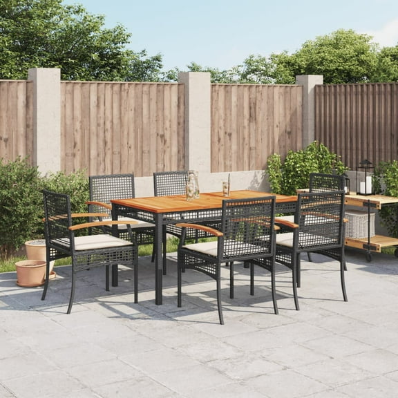 vidaXL 7 Piece Patio Dining Set with Cushions Black Poly Rattan