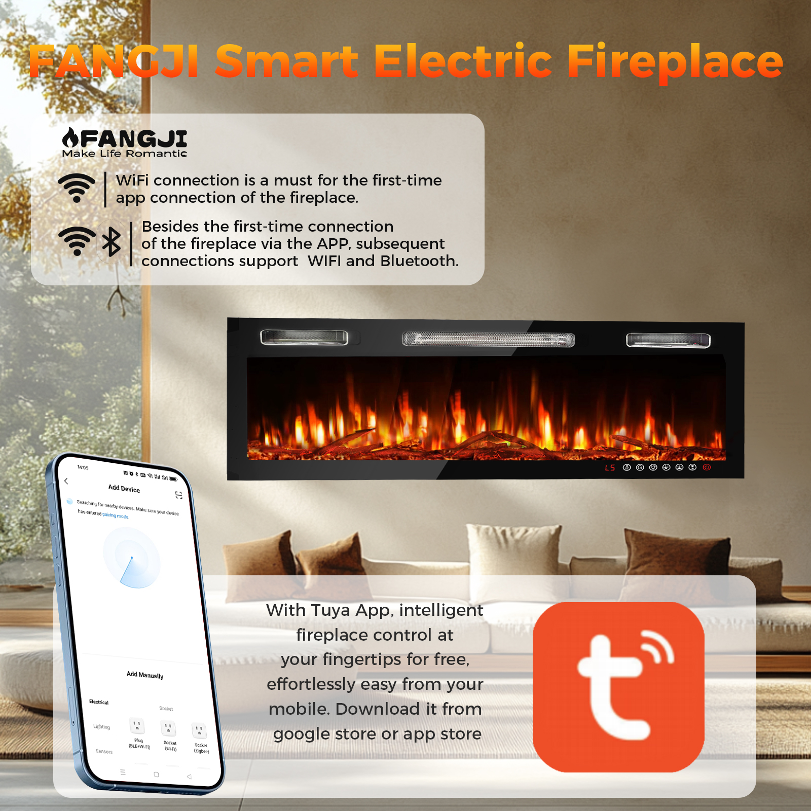 36 inch Ultra-Thin Electric Fireplace in-Wall Recessed and Wall Mounted Fireplace Heater,Linear Fireplace with Multicolor Flame,Timer,Low Noise,750/1500W,Touch Screen & Remote Control(36’’)