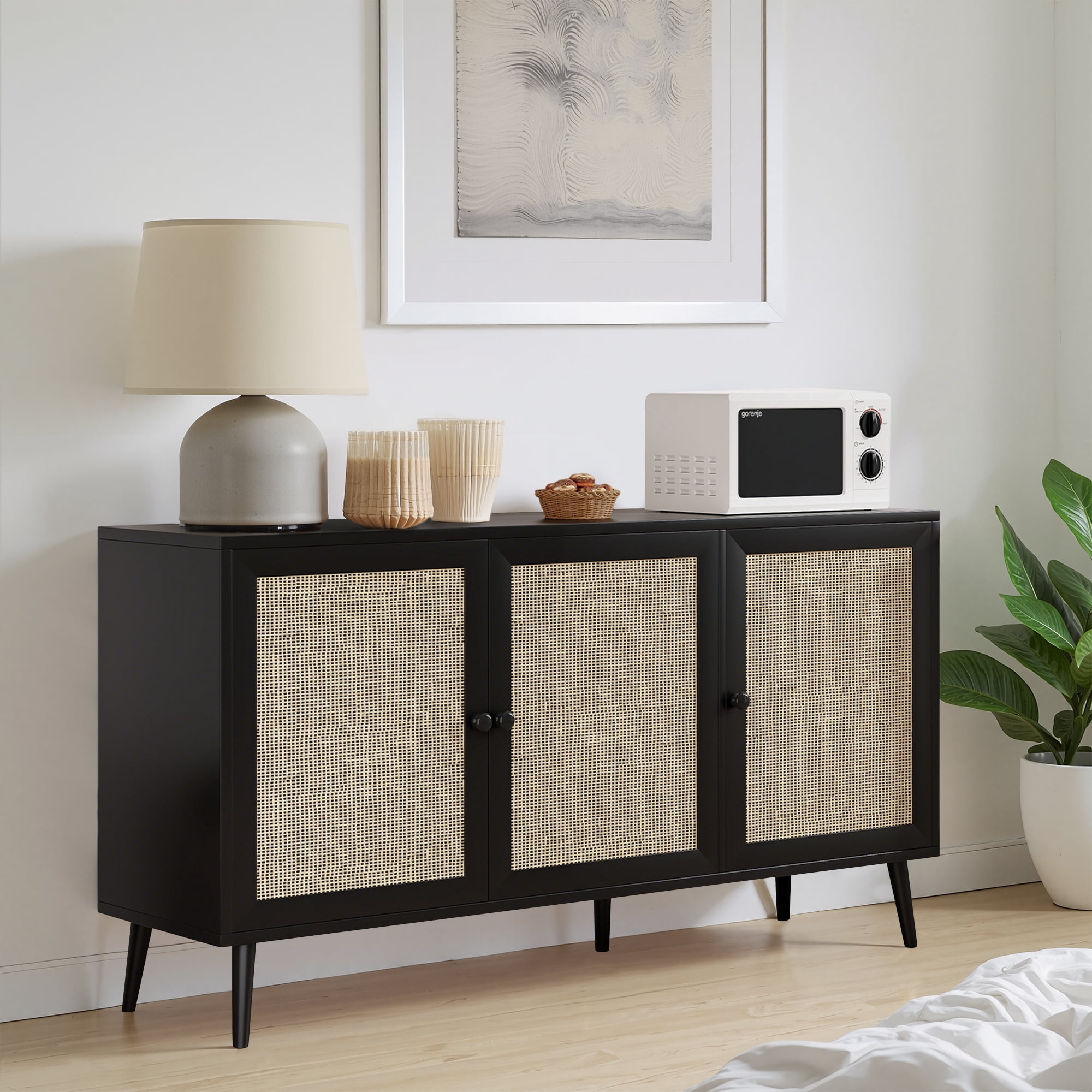 MAYEERTY Black 59*15*31"Modern Sideboard Buffet Cabinet with 3 Rattan Doors for Living Room, Entryway
