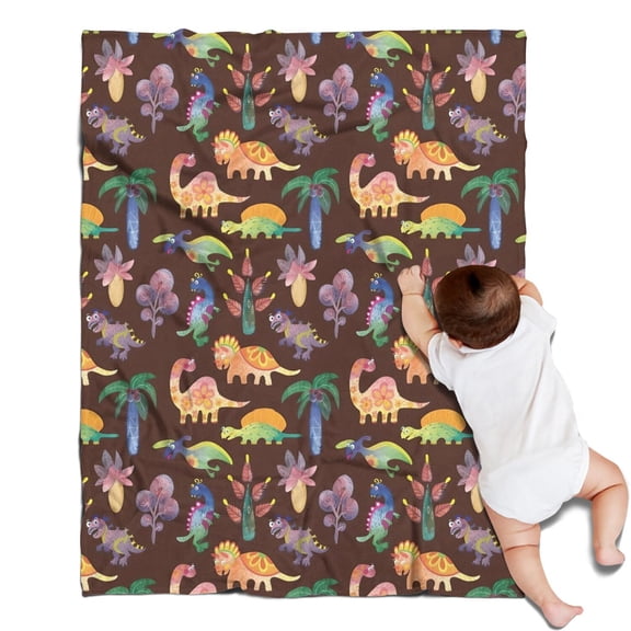 Brown Dinosaurs Flowers Trees Pattern Blanket,Comfortable Soft Lamb Wool Throw Blanket,All Season,Warm Lightweight Blankets for Sofa Bed Couch Living Room Chair,30"x40"