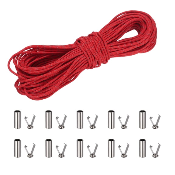 2mm Reflective Guyline Camping Paracord, 65ft Thin Reflective Cord Rope with Cord End Caps for DIY Shoe Laces, Tarp Hiking Tent Camping, Bright Red