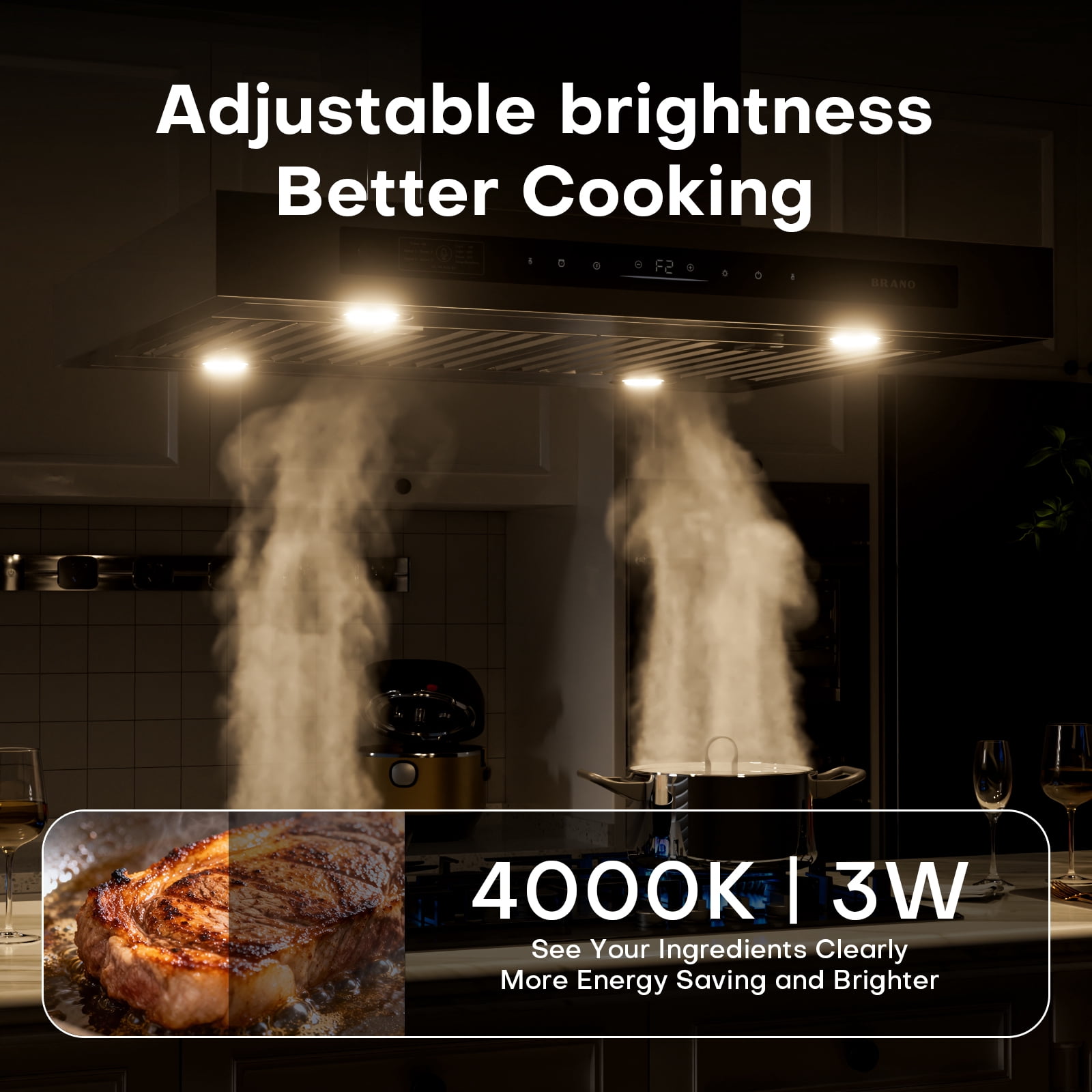 BRANO 30” Island Range Hood 900 CFM – Smart Gesture & Voice Control, Stainless Steel Vent Hood, 4-Speed Fan, LED Lights, Ducted/Ductless Convertible