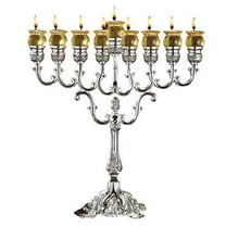 Ner Mitzvah, 13" High, Silver Plated Hannukah Oil Cups And Large Candles Menorah - Olive Branches Style