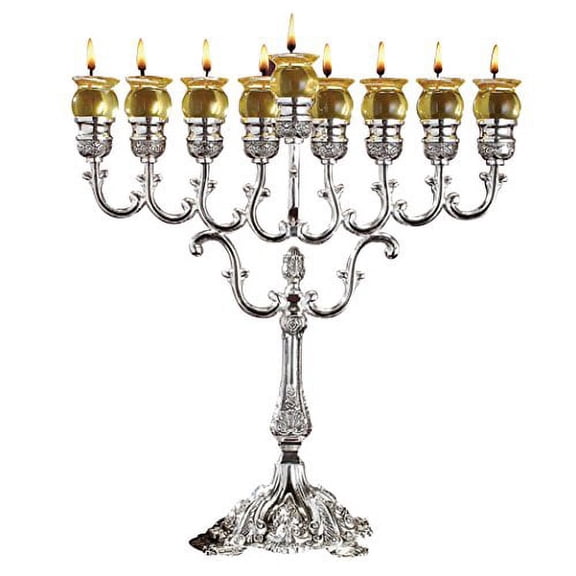 Ner Mitzvah, 13" High, Silver Plated Hannukah Oil Cups And Large Candles Menorah - Olive Branches Style