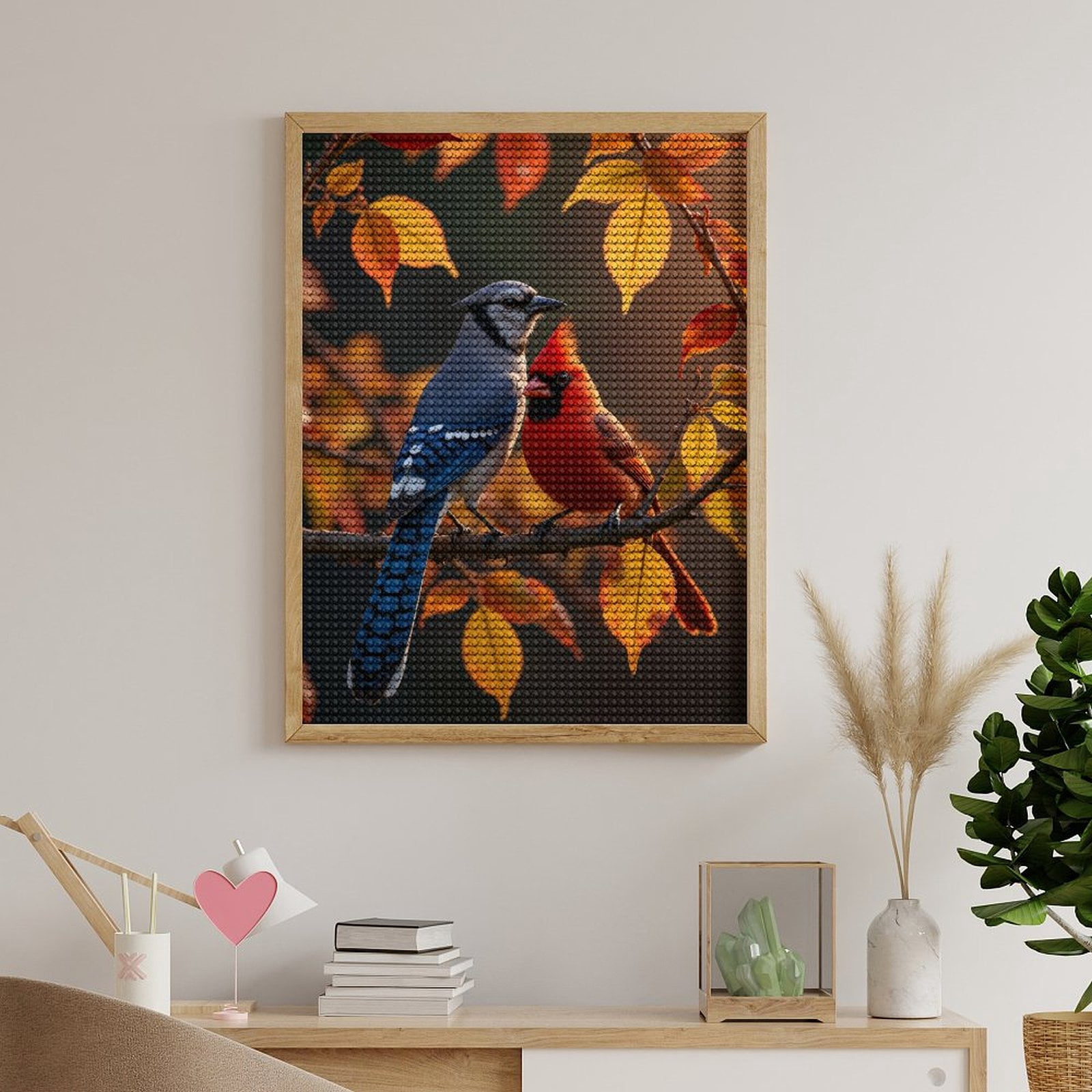 Diamond Art Kits for Adults, Blue Jay Cardinal Autumn Leaves 5D Diamond Painting Kits for Adults Beginners, DIY Full Drill Diamond Painting, Gem Art and Crafts 12x16