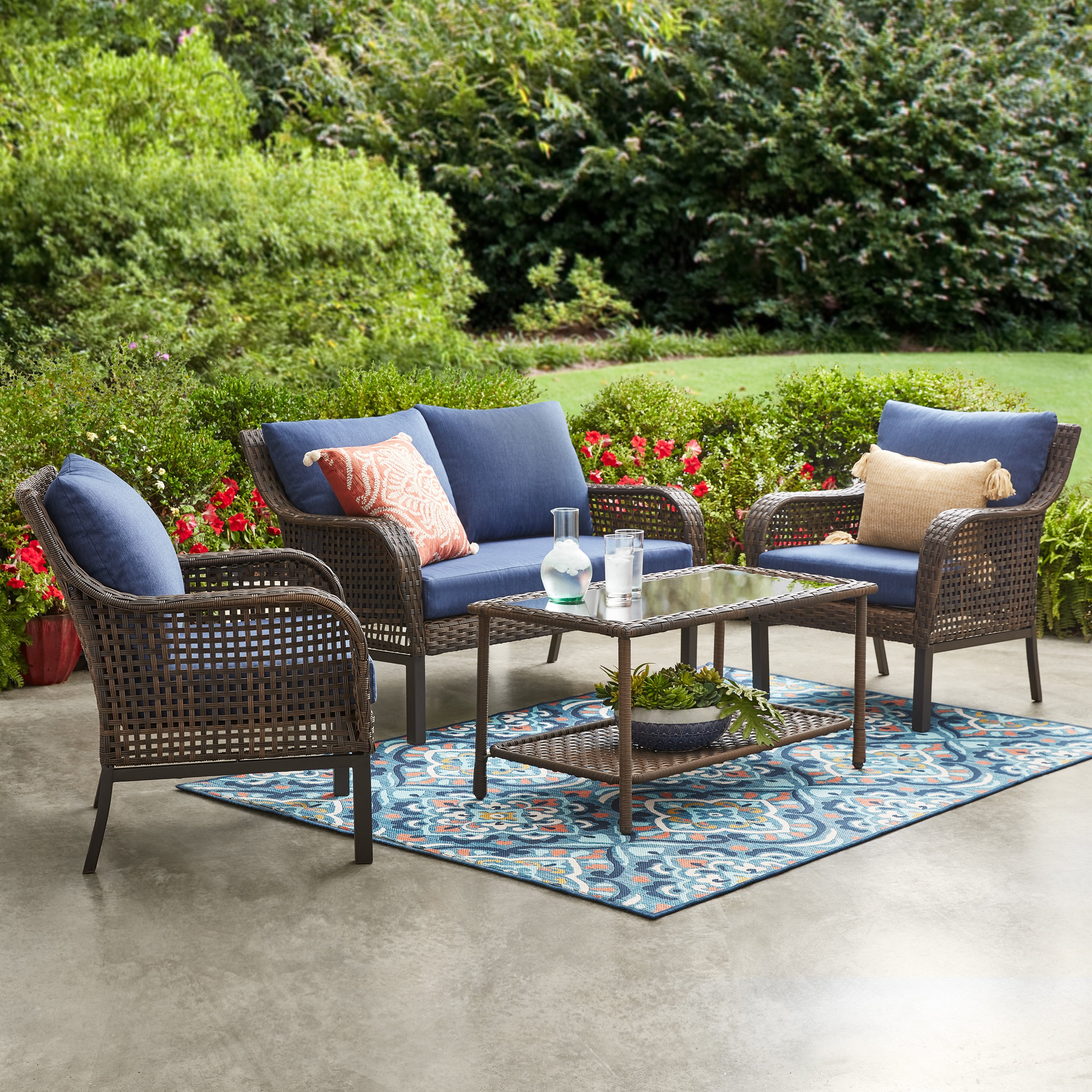 Mainstays Tuscany Ridge Outdoor 4 Piece Wicker Conversation Set, Blue