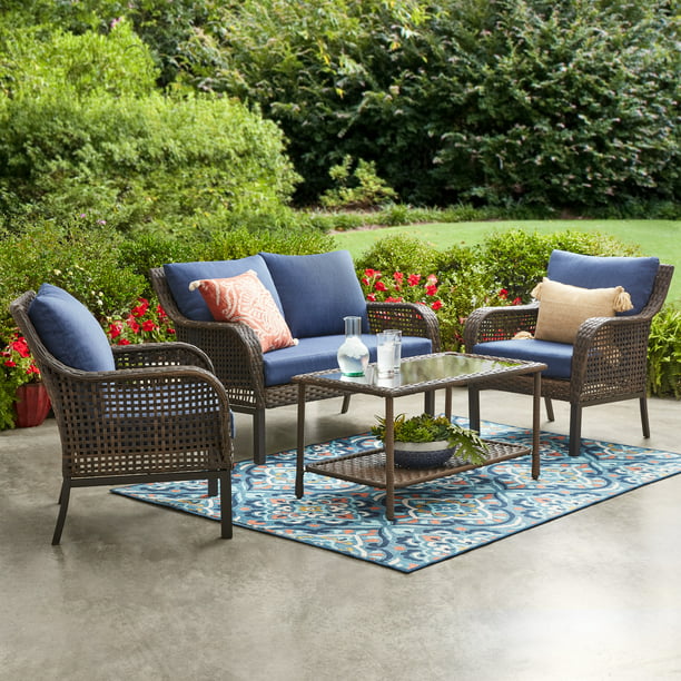 Mainstays Tuscany Ridge Outdoor 4 Piece Wicker Conversation Set Blue Com - Mainstays Patio Furniture Website
