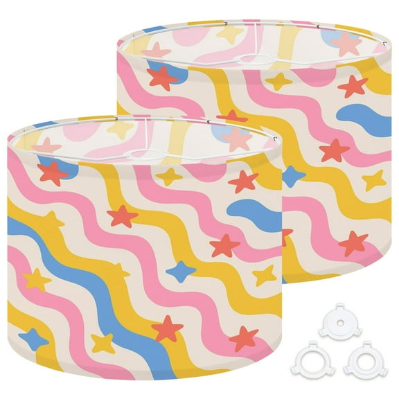 Lamp Shades Set of 2 Easy Assembly 50s 60s Mid Century Seamless Wavy geometric groovy Flat Drum Lampshades for Table Lamps Floor Lamps Pendant Light 13"x13"x10" Replacement Lamp Shade