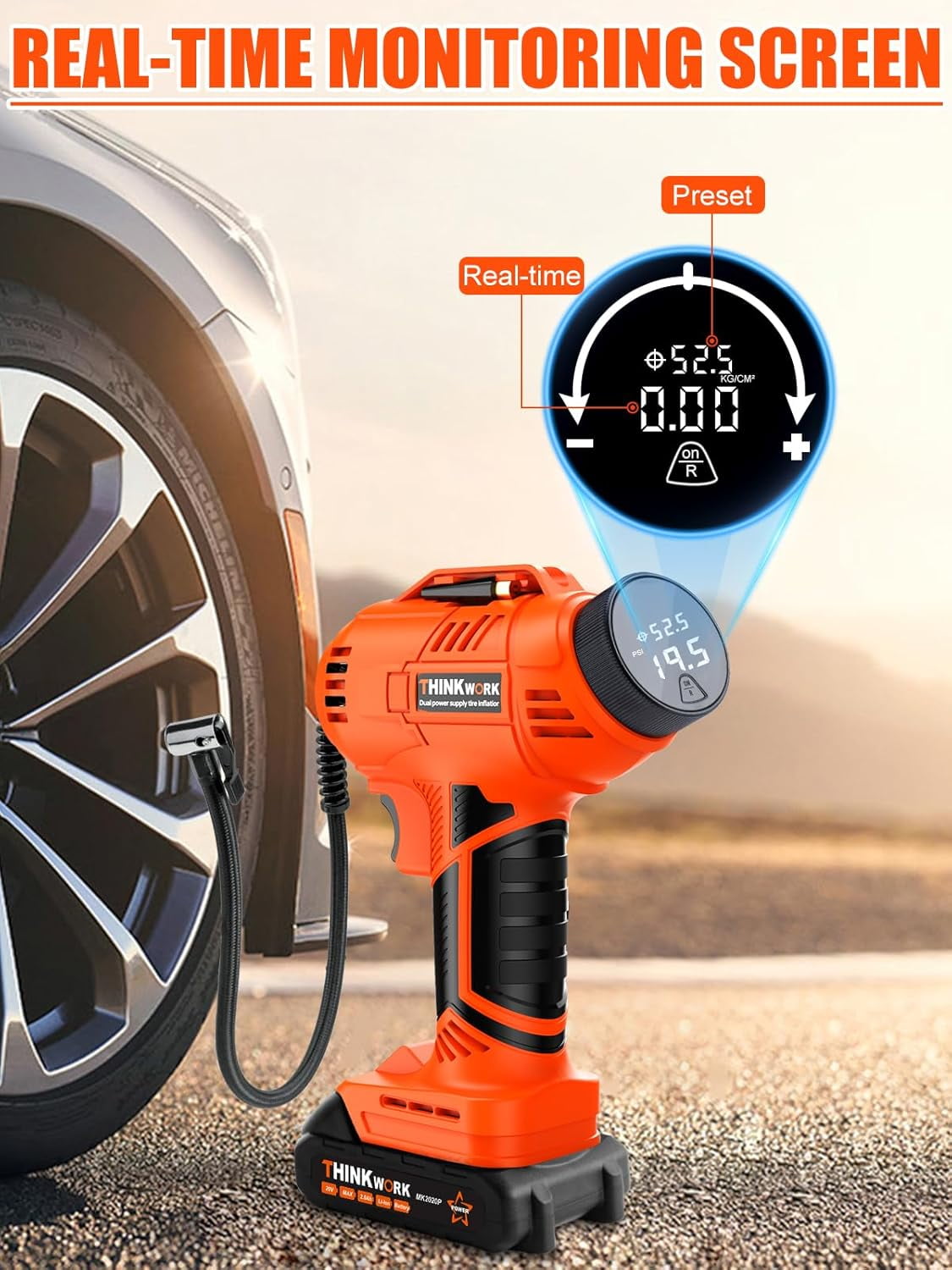 Thinkwork Cordless 20V Rechargeable, 150 PSI Tire Inflator - Orange