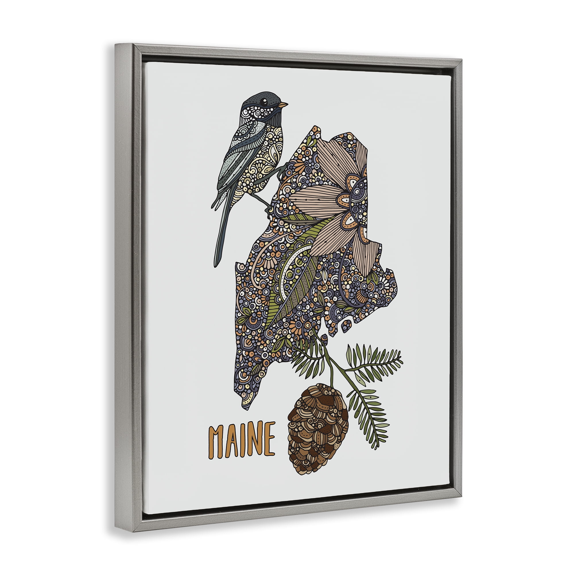 Stupell Industries Floral Maine State Botanical & Floral Painting Gray Floater Framed Art Print Wall Art, 25 x 31