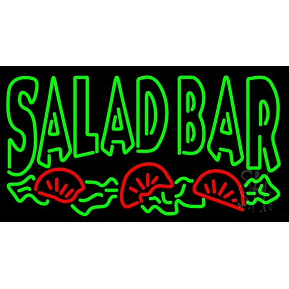 Green Block Salad Bar LED Neon Sign 13 x 24 - inches, Clear Edge Cut Acrylic Backing, with Dimmer - Bright and Premium built indoor LED Neon Sign for restaurant window and interior decor.