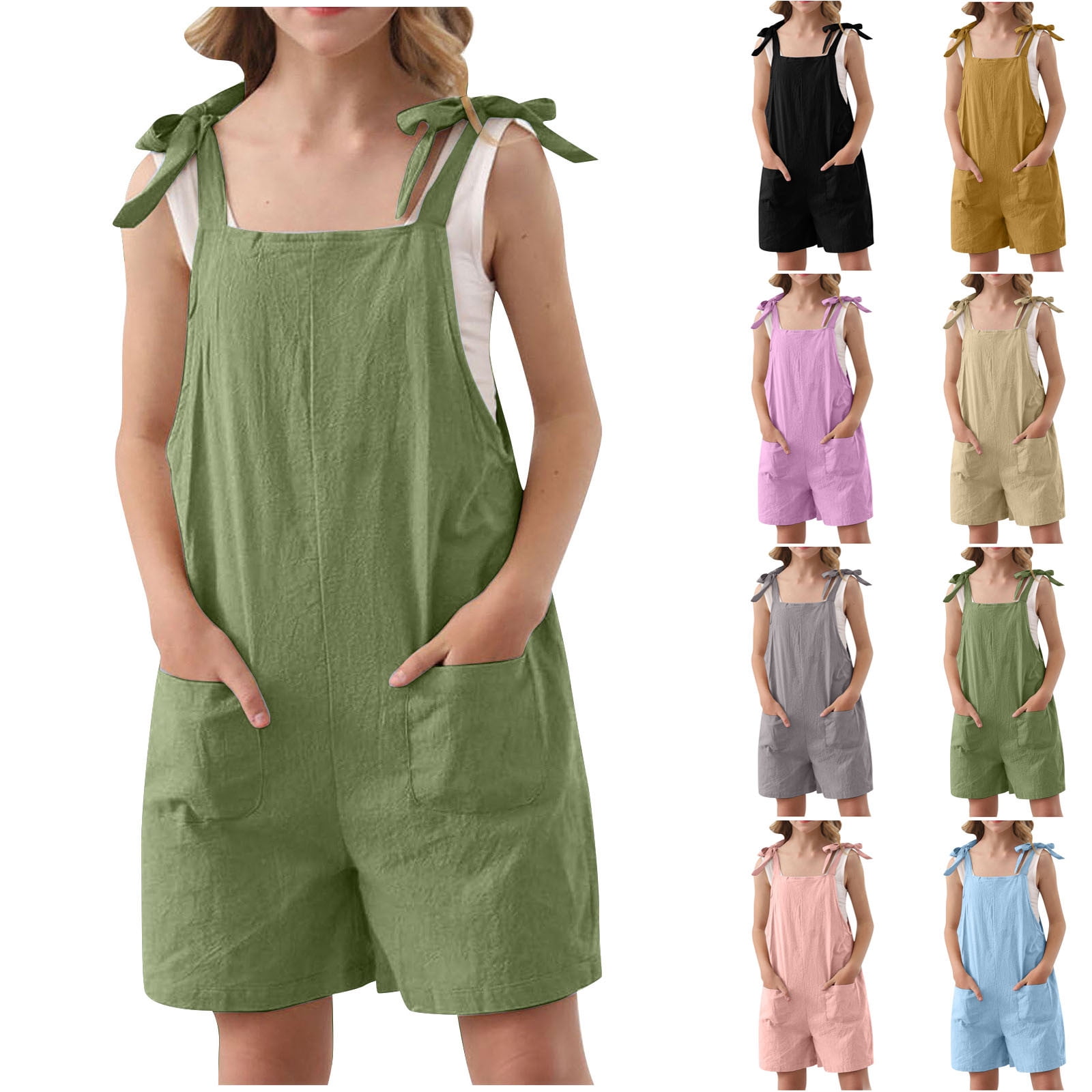 QIUOMBBP Girls Short Romper Sleeveless Adjustable Tie-Up Strap Short Jumpsuits Summer Clothes with Pocket Army Green 13 Years