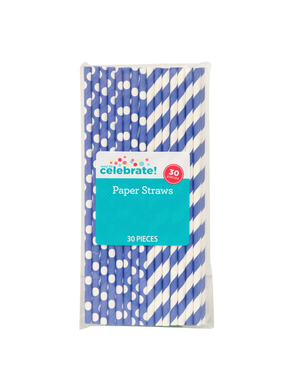 Way to Celebrate! Blue Polka Dot & Striped Paper Straws, 30ct