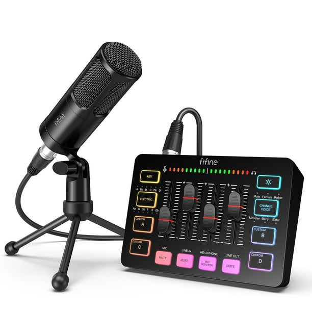 FIFINE Paquete de equipo de audio para podcast de juegos, juego de mezclador RGB de transmisión con micrófono vocal dinámico XLR, kit de grabación de voz con atenuador de volumen, control individual,