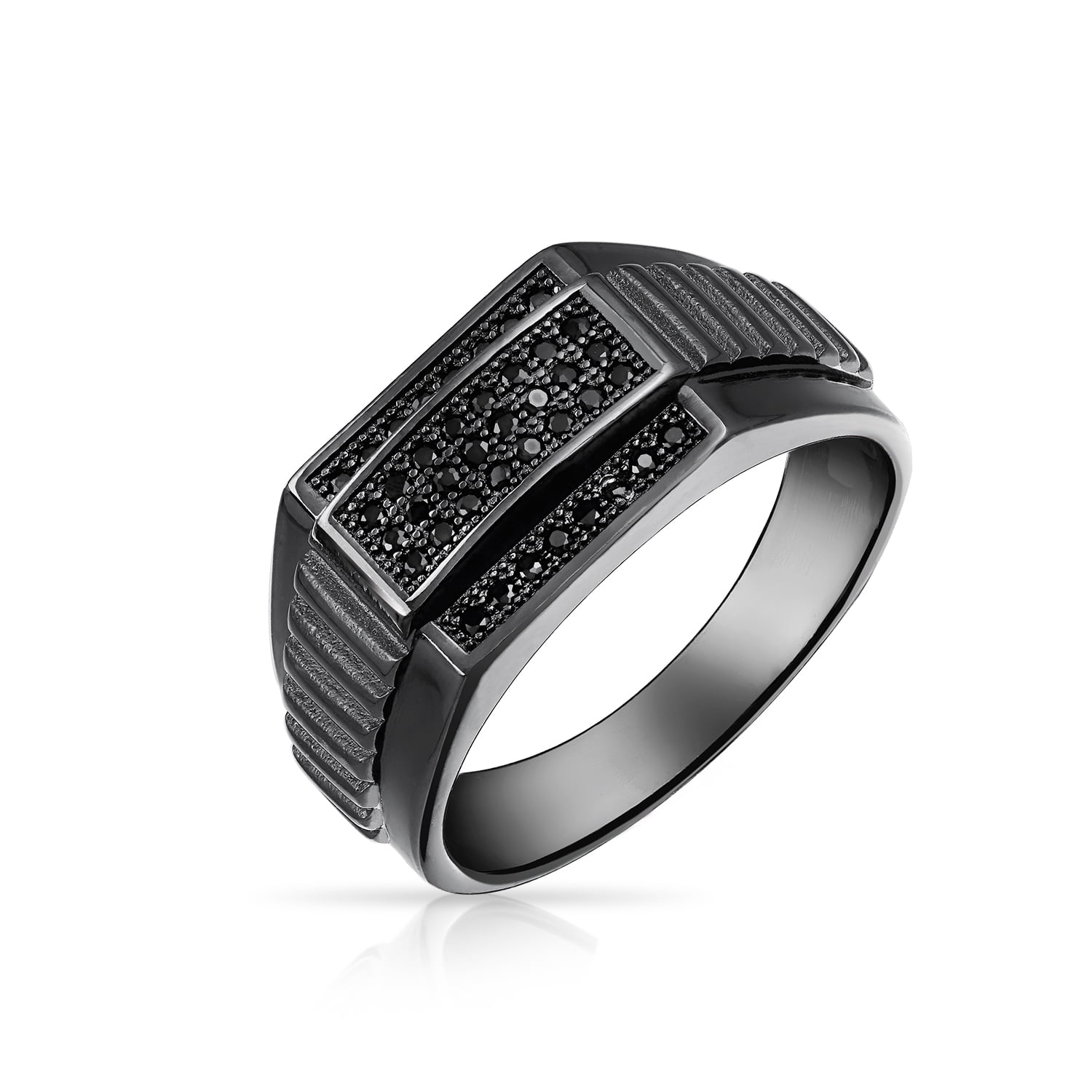 Black Enamel And CZ Stones Silver Rhodium Plated Ring Size 13 