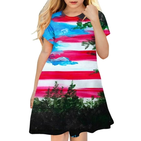 

Summer Dresses For Girls Toddler Kids Fourth Of July Independent Day Star Stripes Prints Short Sleeves Party Princess Sun Dress