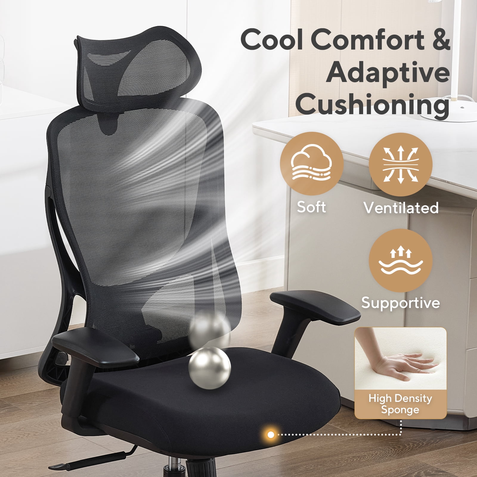 Nouhaus Apertura Ergonomic High Back Office Chair, Mesh Desk Chair with 3D Armrests and Dynamic Lumbar Support, Black