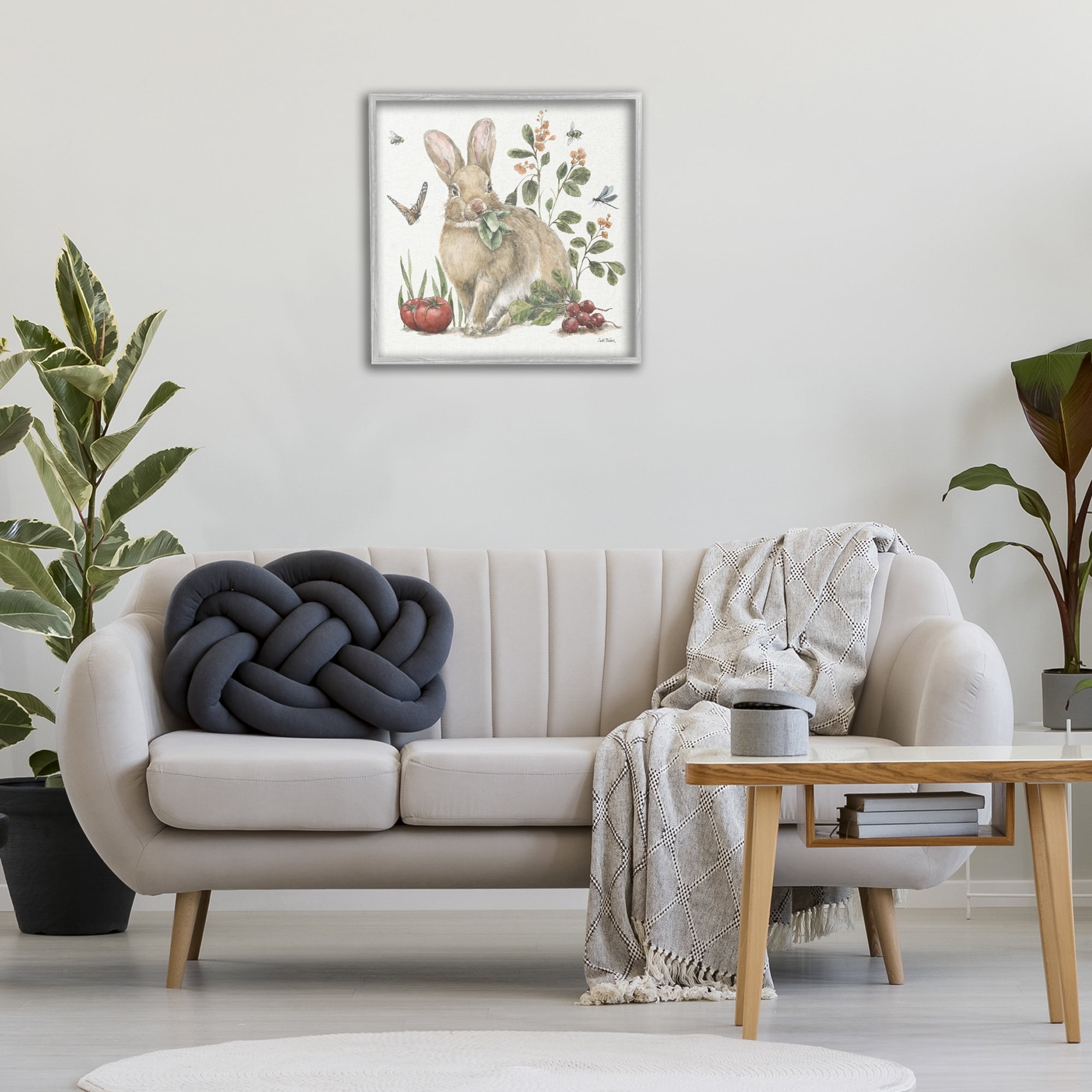 Stupell Industries Rabbit & Butterfly Garden Animals & Insects Painting Gray Framed Art Print Wall Art, 24 x 24