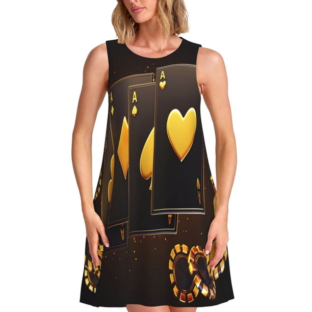 Fotbe Casino Playing Cards Vestido de Verano sin Mangas para Mujer – Vestido Midi Línea A, Estilo Camiseta Floral, Vestido Playero Casual y Fluido