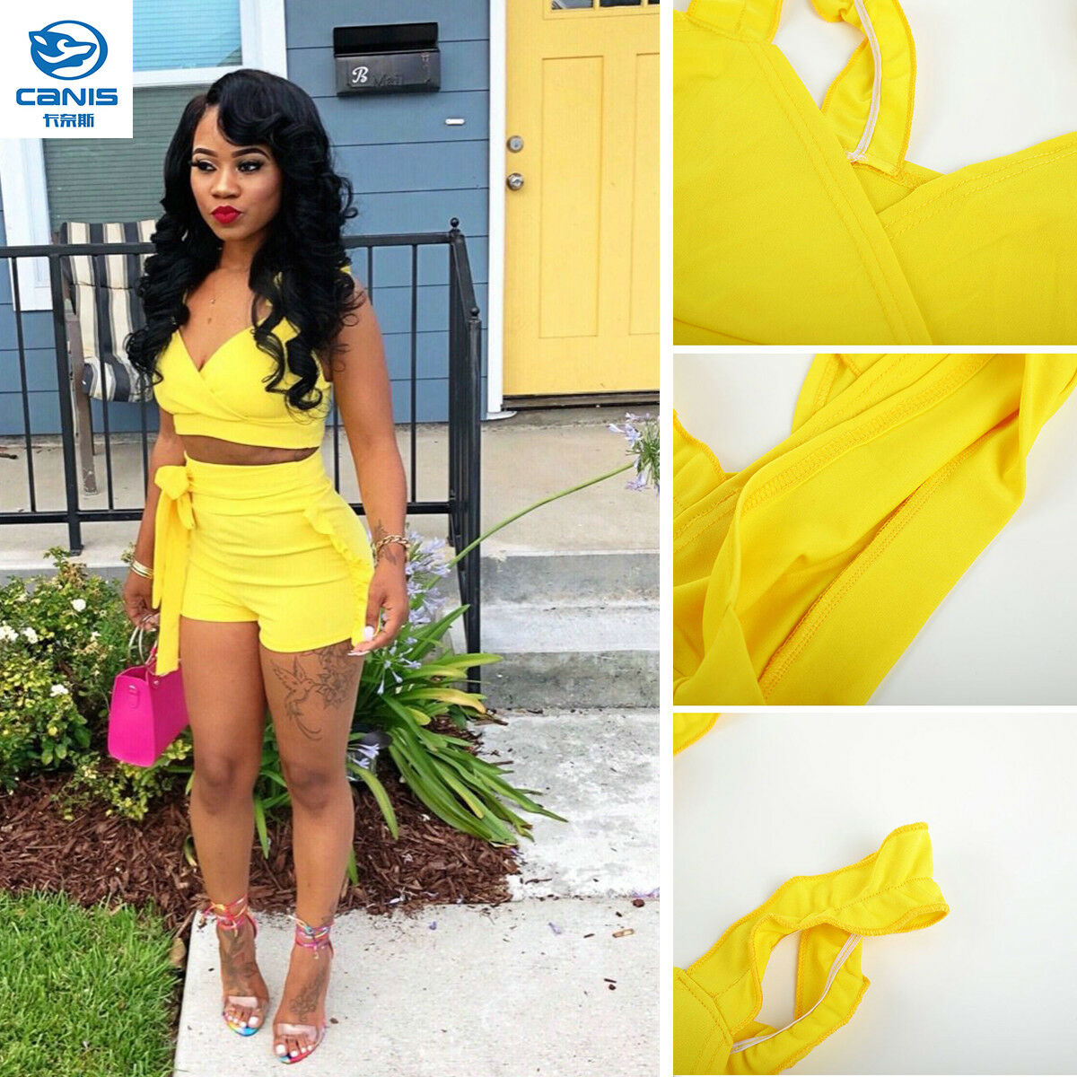 Carolilly Fashion Women Strapless Print Crop Tops Suits High Waisted