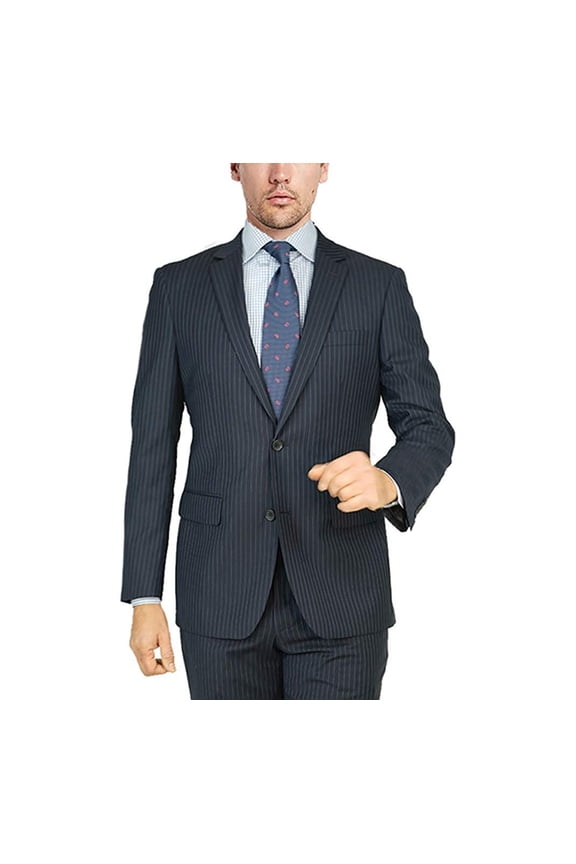 by Mantoni M87130 Men's Modern Fit 100% Wool Two-Piece Notch Lapel Suit - Navy Pinstripe - 56R