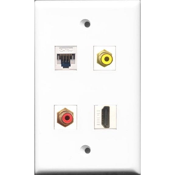 RiteAV 1 Port HDMI and 1 Port RCA Red and 1 Port RCA Yellow and 1 Port Cat5e Ethernet White Wall Plate