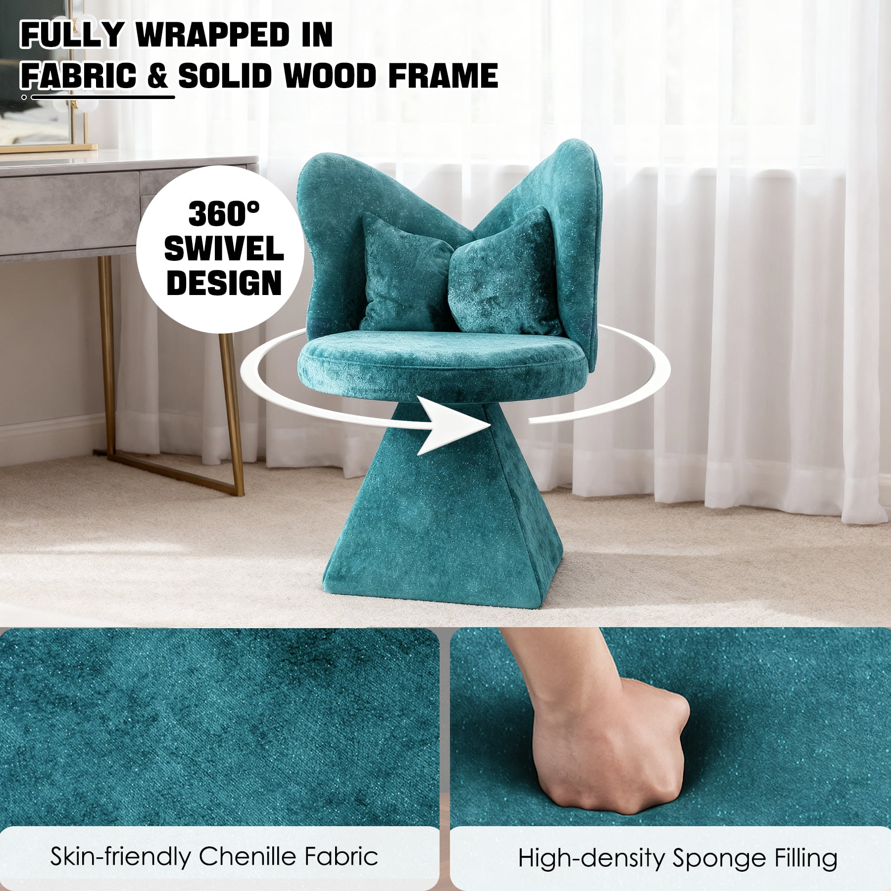 Blue Swivel Vanity Chair | 360° Rotating Makeup Chair with Butterfly Back, Chenille Velvet Accent Chair with Decorative Pillow – for Bedroom, Dressing Table, Living Room, Dining, Home Office & Study