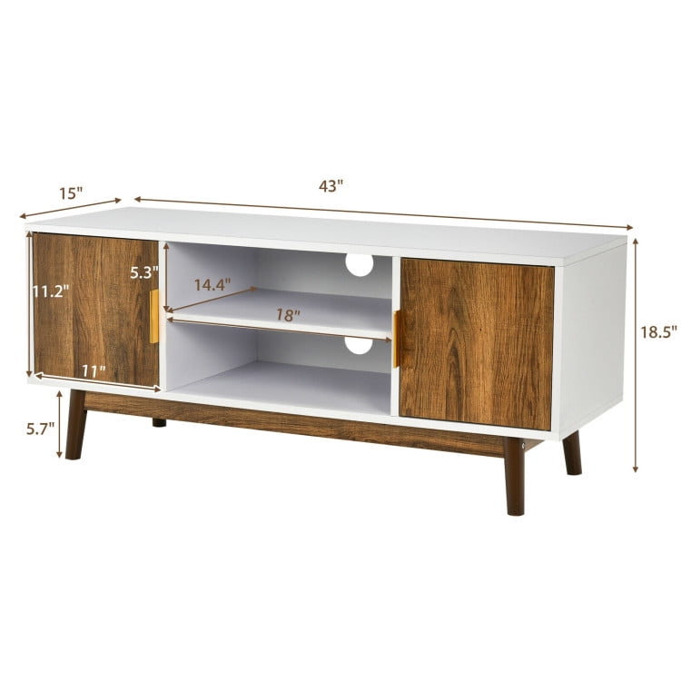 Finihen TV Stand, TV Cabinet, 2 Door TV Stand with 2 Cabinets and Open Shelves for TVs Up to 50 Inch TV, Media Entertainment Center with Storage, for Living Room, Bedroom, White & Rustic Oak