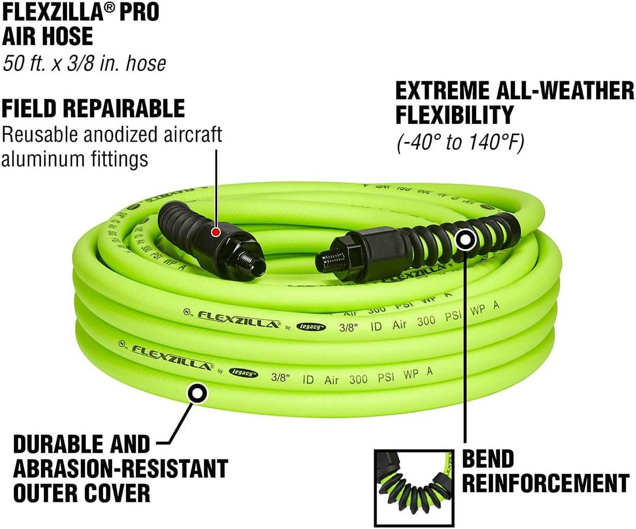 Flexzilla Pro HFZP3850YW2 3/8" x 50' Air Hose, Field-Repairable, Reusable Fitting
