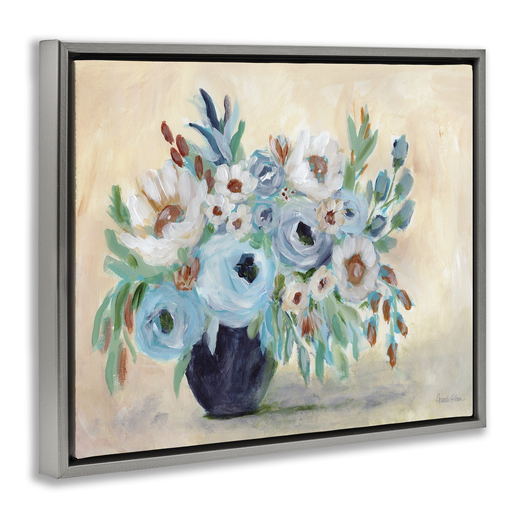 Stupell Industries Round Blooms Bouquet Botanical & Floral Painting Gray Floater Framed Art Print Wall Art, 21 x 17