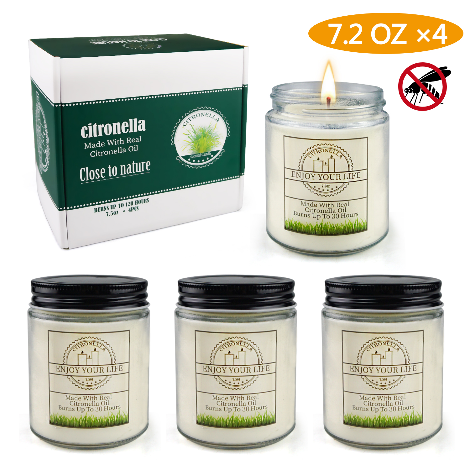 Citronella Candles Outdoor Indoor Large, 4 Pack 7.5oz Soy Wax Jar
