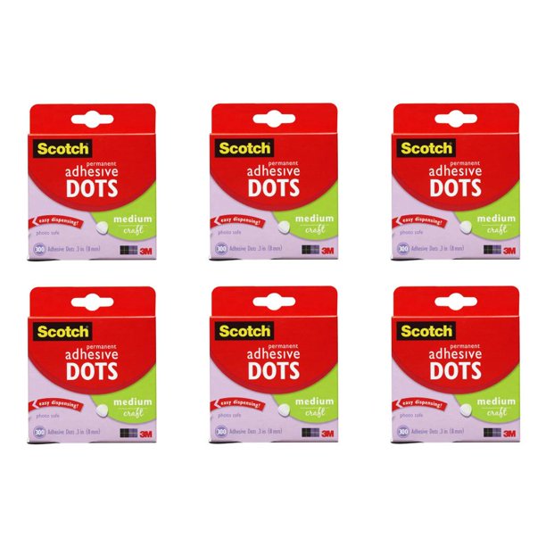 3M Scotch Medium Adhesive Dots Tape 300 Ct Easy Dispense Clear, 6Pack